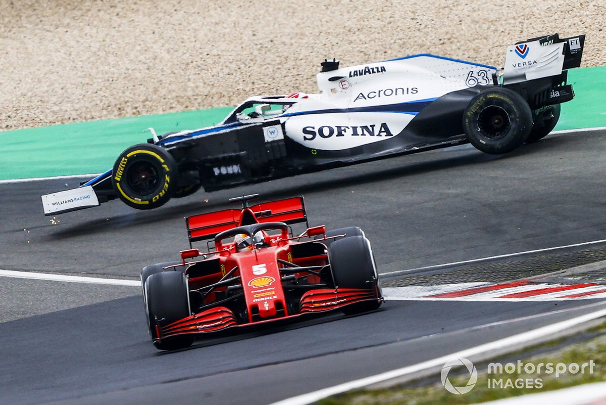 Sebastian Vettel, Ferrari SF1000 con Kimi Raikkonen, Alfa Romeo Racing C39 e George Russell, Williams FW43 crashing