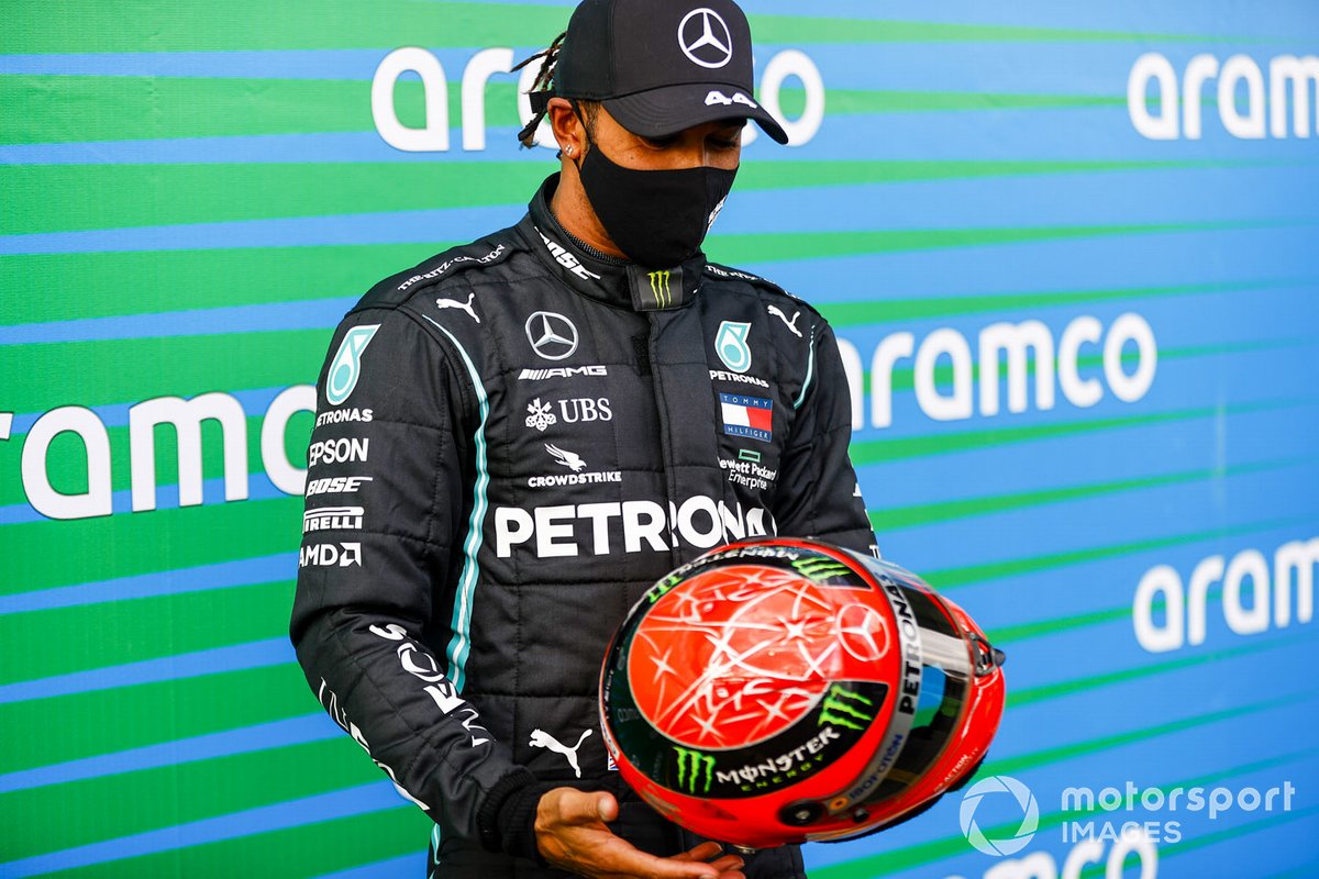 Lewis Hamilton, Mercedes-AMG F1, 1st position, with the helmet of Michael Schumacher that was presented to him by Mick Schumacher