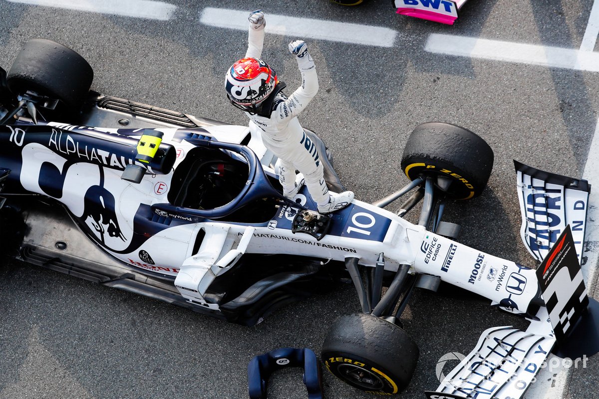 Pierre Gasly, AlphaTauri, 1st position, celebrates on arrival in Parc Ferme