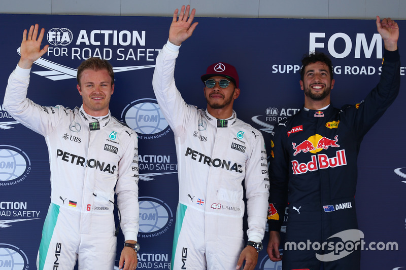 Pole for Lewis Hamilton, Mercedes AMG F1 W07 , 2nd for Nico Rosberg, Mercedes AMG Petronas F1 W07 and 3rd for Daniel Ricciardo, Red Bull Racing RB12