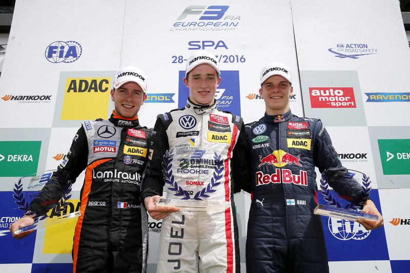 Podium des rookies : Joel Eriksson, Anthoine Hubert, Niko Kari