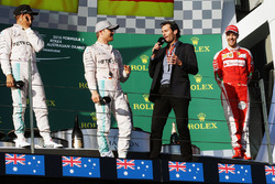 Podium: winner Nico Rosberg, Mercedes AMG F1 Team, second place Lewis Hamilton, Mercedes AMG F1 Team, third place Sebastian Vettel, Ferrari with Mark Webber, Porsche Team WEC Driver and Channel 4 Presenter