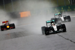 Lewis Hamilton, Mercedes AMG F1 W07 Hybrid leads team mate Nico Rosberg, Mercedes AMG F1 W07 Hybrid and Max Verstappen, Red Bull Racing RB12