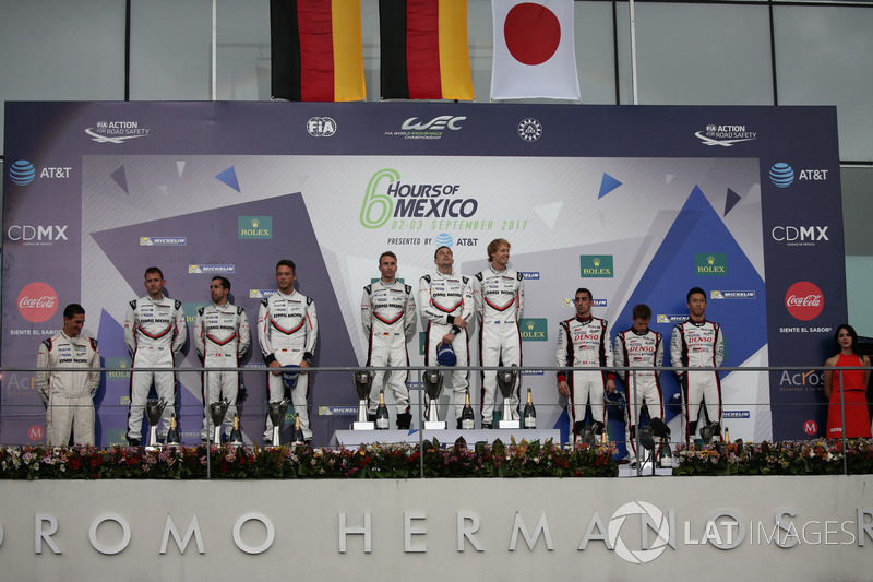 Podium P1: Winner #2 Porsche Team Porsche 919 Hybrid: Timo Bernhard, Earl Bamber, Brendon Hartley, second place #1 Porsche Team Porsche 919 Hybrid: Neel Jani, Andre Lotterer, Nick Tandy, third place #8 Toyota Gazoo Racing Toyota TS050 Hybrid: Anthony David