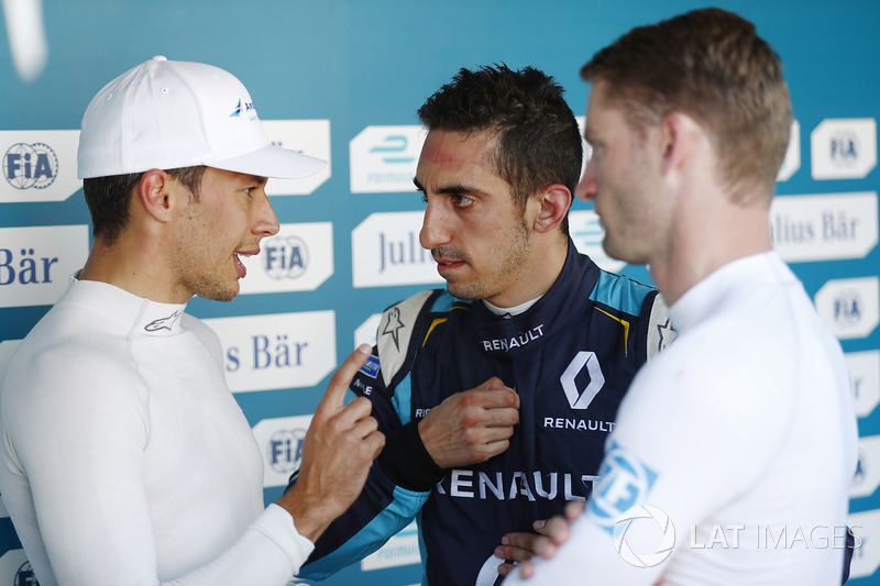 Sébastien Buemi, Renault e.Dams, Loic Duval, Dragon Racing, and Maro Engel, Venturi, in Parc Ferme
