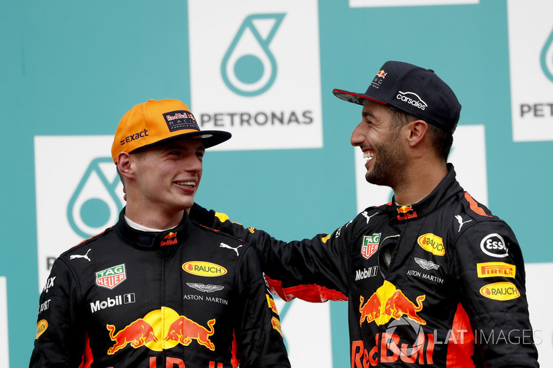 Max Verstappen, Red Bull Racing, race winner, Third place Daniel Ricciardo, Red Bull Racing, on the podium