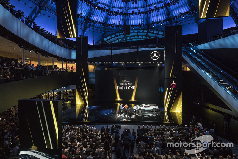 Dr. Dieter Zetsche, Chairman of the Board of Management of Daimler AG and Head of Mercedes-Benz Cars, Lewis Hamilton, present the show car Mercedes-AMG Project ONE