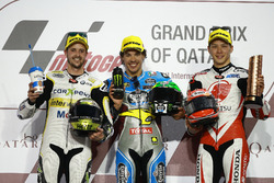 Podium; second place Thomas Luthi, CarXpert Interwetten; Race winner Franco Morbidelli, Marc VDS; third placeTakaaki Nakagami, Idemitsu Honda Team Asia
