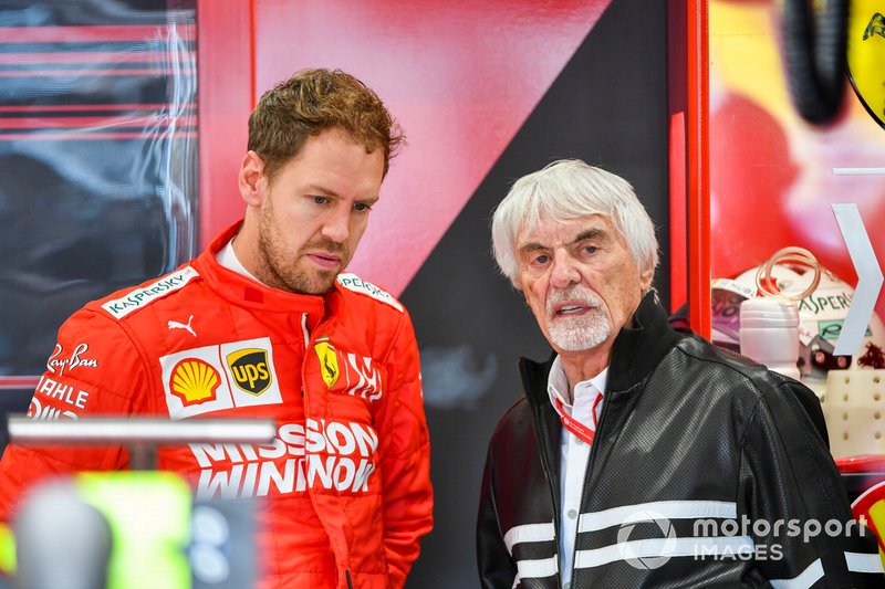 Sebastian Vettel, Ferrari, e Bernie Ecclestone, Presidente emerito della Formula 1