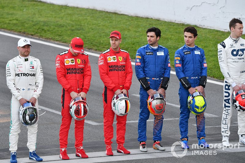 Valtteri Bottas, Mercedes-AMG Petronas F1, Charles Leclerc, Ferrari, Sebastian Vettel, Ferrari, Carlos Sainz, McLaren, Lando Norris, McLaren and Daniil Kvyat, AlphaTauri line up on the track