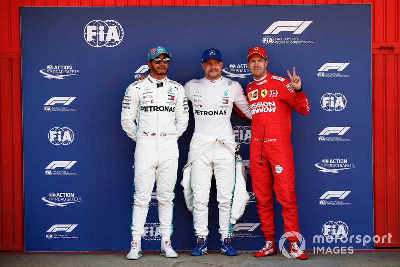 Top three Qualifiers, Lewis Hamilton, Mercedes AMG F1, pole man Valtteri Bottas, Mercedes AMG F1, and Sebastian Vettel, Ferrari