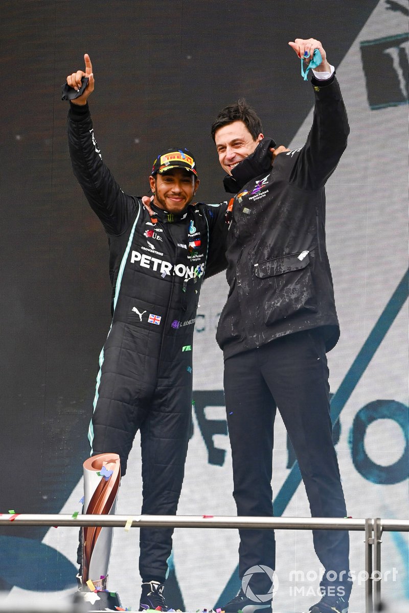 Lewis Hamilton, Mercedes-AMG F1, after winning the race, to take his 7th World Championship title, with Toto Wolff, Executive Director (Business), Mercedes AMG