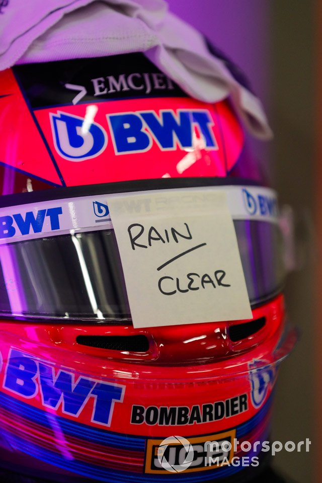 The helmet of Sergio Perez, Racing Point, fitted with rain visor