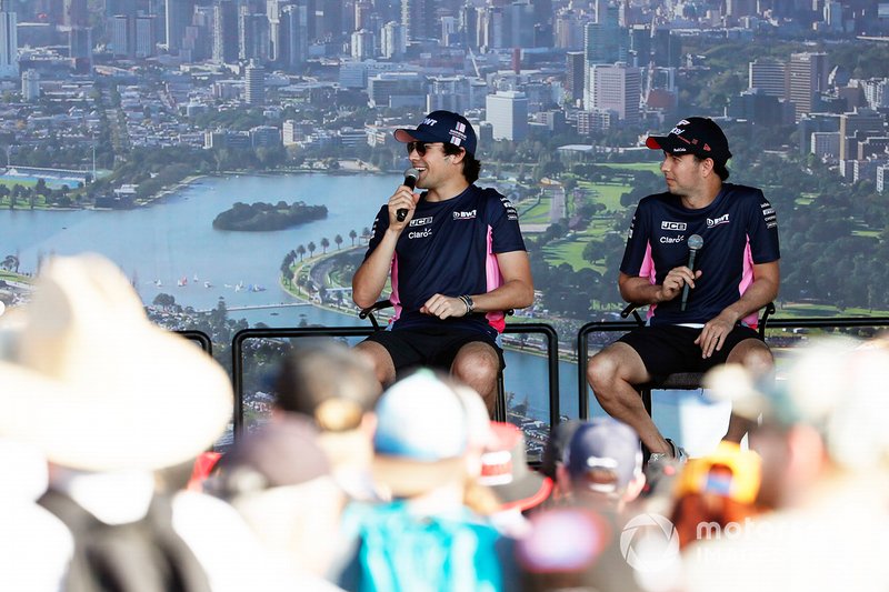 Sergio Perez, Racing Point, and Lance Stroll, Racing Point, on stage