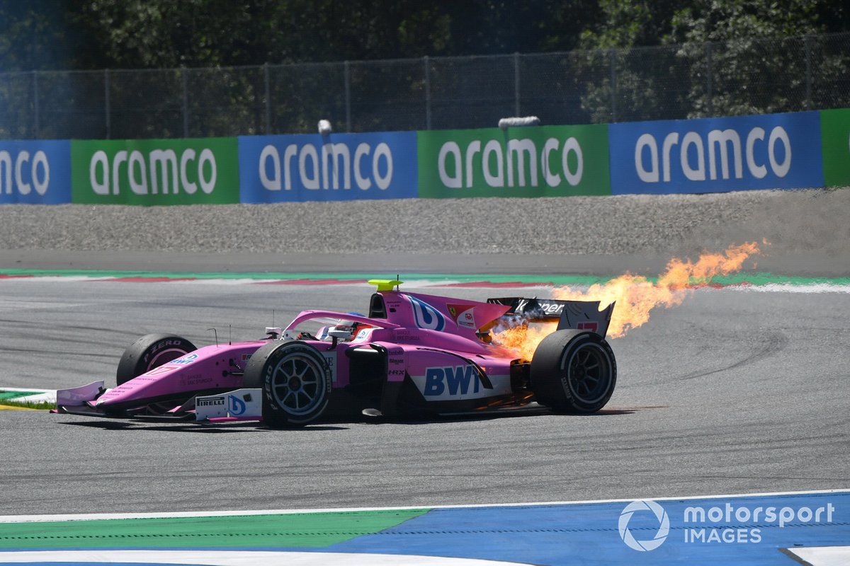 Flames pour from the rear of Giuliano Alesi, HWA Racelab