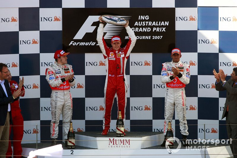 Podium: race winner Kimi Raikkonen, Ferrari, second place Fernando Alonso, McLaren, third placed Lewis Hamilton, McLaren  