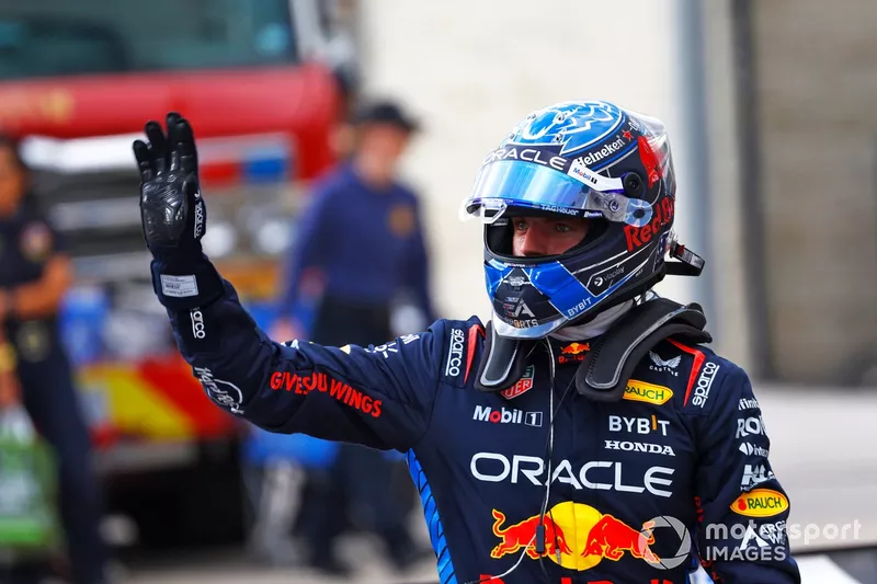 Sprint pole man Max Verstappen, Red Bull Racing, celebrates in Parc Ferme
