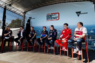 Toto Wolff, Executive Director (Business), Mercedes AMG, Christian Horner, Team Principal, Red Bull Racing, Franz Tost, Team Principal, Toro Rosso, Otmar Szafnauer, Team Principal, Racing Point, Mattia Binotto, Team Principal Ferrari and Frederic Vasseur, Team Principal, Alfa Romeo Racing on stage