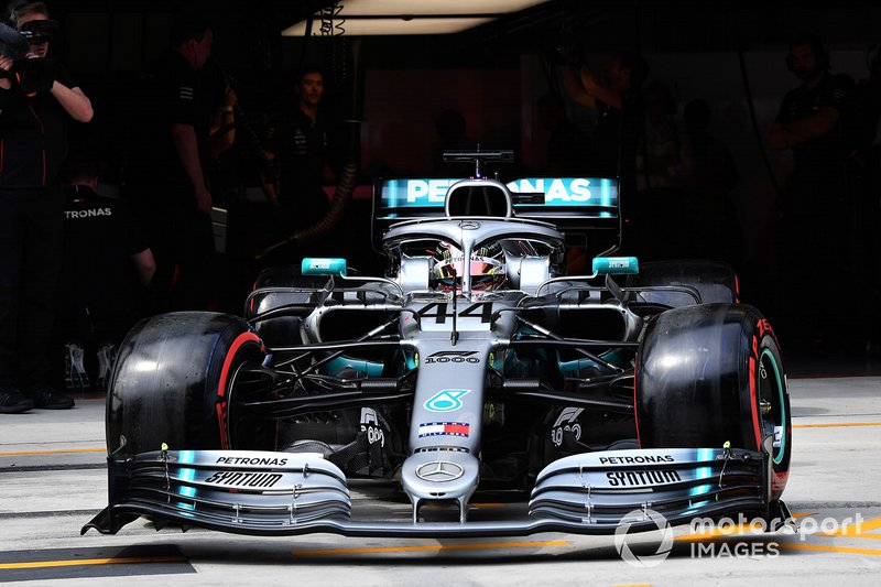 Lewis Hamilton, Mercedes AMG F1 W10, leaves the garage