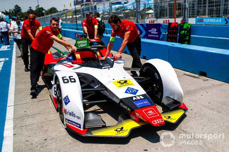 Car of Daniel Abt, Audi Sport ABT Schaeffler, Audi e-tron FE05, being pushed into Parc Ferme