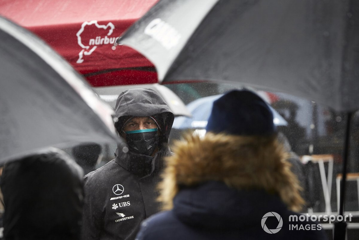 Toto Wolff, Executive Director (Business), Mercedes AMG speaks to the media