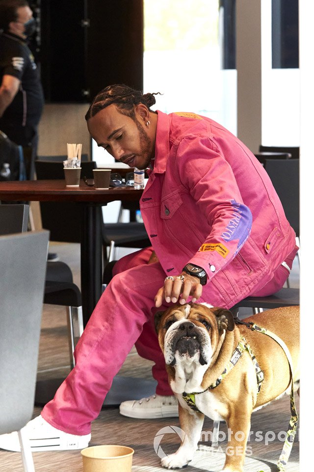 Lewis Hamilton, Mercedes-AMG F1, with his dog Roscoe