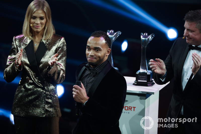 Nicolas Hamilton, brother of F1 World Champion Lewis Hamilton on stage to accept the British Competition Driver and International Racing Driver awards