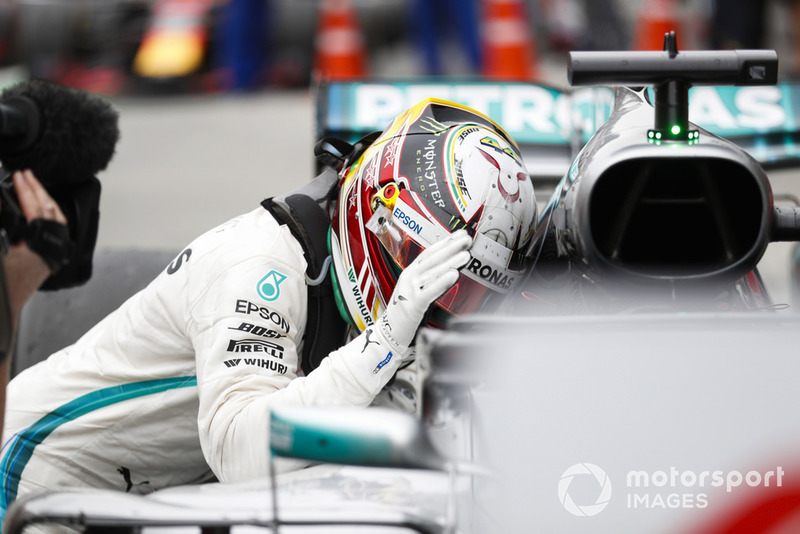 Lewis Hamilton, Mercedes AMG F1, 1st position, celebrates on arrival in Parc Ferme