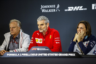 Gene Haas, Team Owner, Haas F1, Maurizio Arrivabene, Team Principal, Ferrari, and Claire Williams, Deputy Team Principal, Williams Racing, in the team principals Press Conference