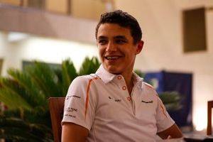 Lando Norris, McLaren, talks to the media