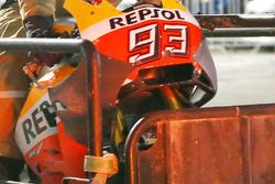 Marc Marquez, Repsol Honda Team, showing new aerodynamic fairing/wing after a crash