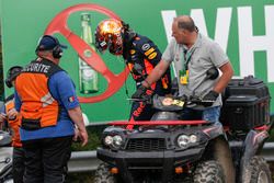 Race retiree Max Verstappen, Red Bull Racing, Race Marshals and Security after stopping on track