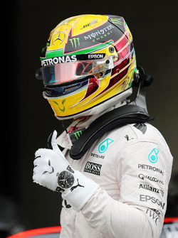 Lewis Hamilton, Mercedes AMG F1 celebrates his pole position in qualifying parc ferme