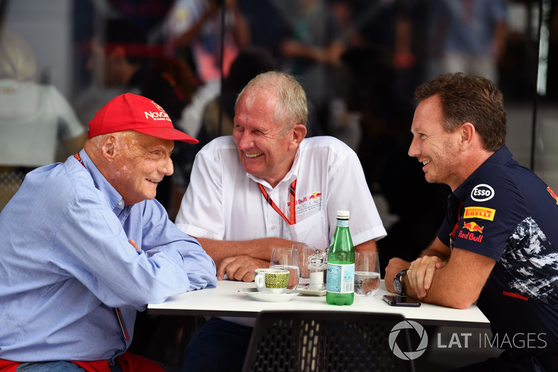 Niki Lauda, Mercedes AMG F1 Non-Executive Chairman, Dr Helmut Marko, Red Bull Racing Motorsport Consultant and Christian Horner, Red Bull Racing Team Principal