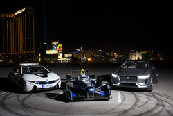Sam Bird, DS Virgin Racing, parks between the BMW i8 safety-car and Jaguar I-Pace SUV