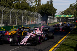 Sergio Perez, Force India VJM10, leads Nico Hulkenberg, Renault Sport F1 Team RS17, and Fernando Alonso, McLaren MCL32