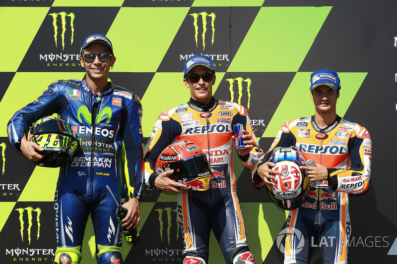 Polesitter Marc Marquez, Repsol Honda Team, second place Valentino Rossi, Yamaha Factory Racing, third place Dani Pedrosa, Repsol Honda Team