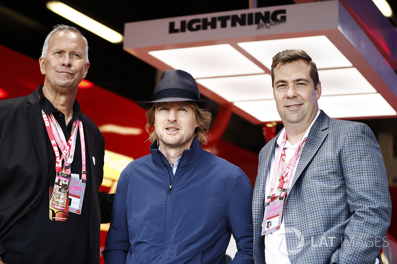 Disney's Kevin Reher and Brian Fee, Actor Owen Wilson in the Cars 3 Promotional garage