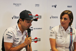 (L to R): Felipe Massa, Williams, announces his retirement from F1 at the end of the season, alongside Claire Williams, Williams Deputy Team Principal