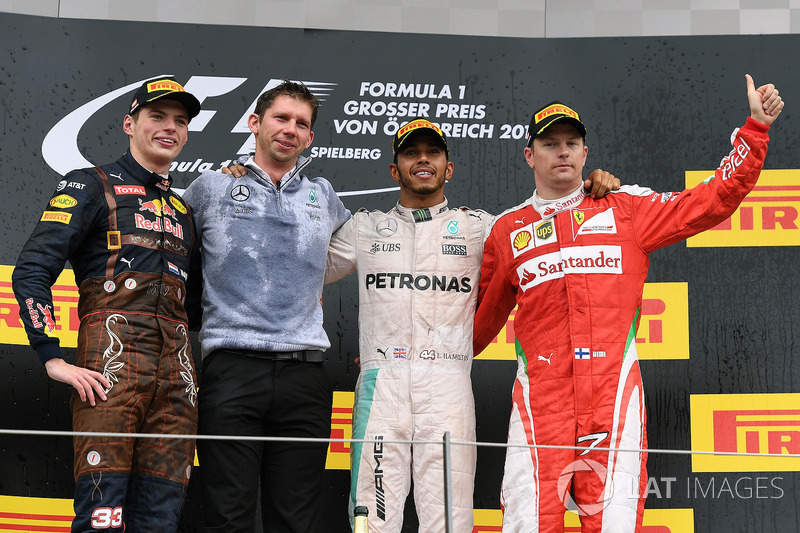 Max Verstappen, Red Bull Racing, James Vowles, Mercedes AMG F1 Chief Strategist, Lewis Hamilton, Mercedes AMG F1 and Kimi Raikkonen, Ferrari celebrate on the podium