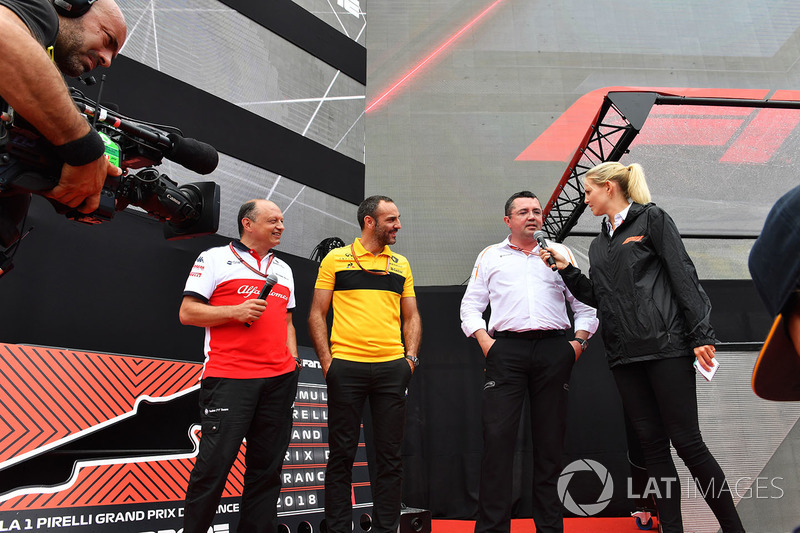 Frédéric Vasseur, team principal Sauber, Cyril Abiteboul, directeur général de Renault Sport Racing et Éric Boullier, directeur de la compétition de McLaren