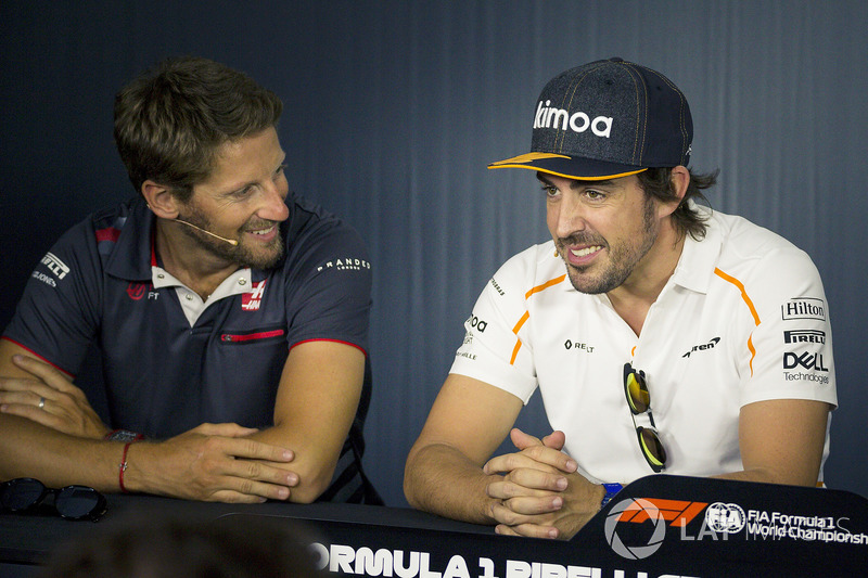 Romain Grosjean, Haas F1 and Fernando Alonso, McLaren in the Press Conference