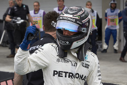 Valtteri Bottas, Mercedes AMG F1, celebrates pole in Parc Ferme