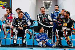 Kyle Larson, Chip Ganassi Racing Chevrolet sits on the stage after having his chair pulled out from under him by Kevin Harvick