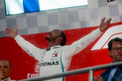 Lewis Hamilton, Mercedes AMG F1, and Valtteri Bottas, Mercedes AMG F1, celebrate on the podium