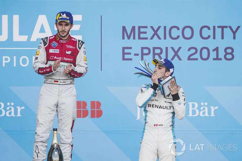 Daniel Abt, Audi Sport ABT Schaeffler, celebrates on the podium after winning the race with Sébastie