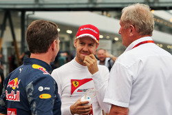 Christian Horner, teambaas Red Bull Racing met Sebastian Vettel, Ferrari en Dr Helmut Marko