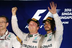 (L to R): Race winner Nico Rosberg, Mercedes AMG F1 celebrates on the podium with third placed team 