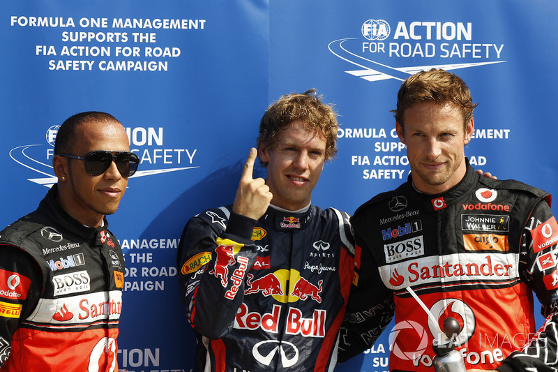 Polesitter  Sebastian Vettel, Red Bull Racing, second place Lewis Hamilton, McLaren and third place Jenson Button, McLaren