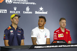 Daniel Ricciardo, Red Bull Racing, Lewis Hamilton, Mercedes AMG F1, and Sebastian Vettel, Ferrari, in the Thursday drivers Press Conference